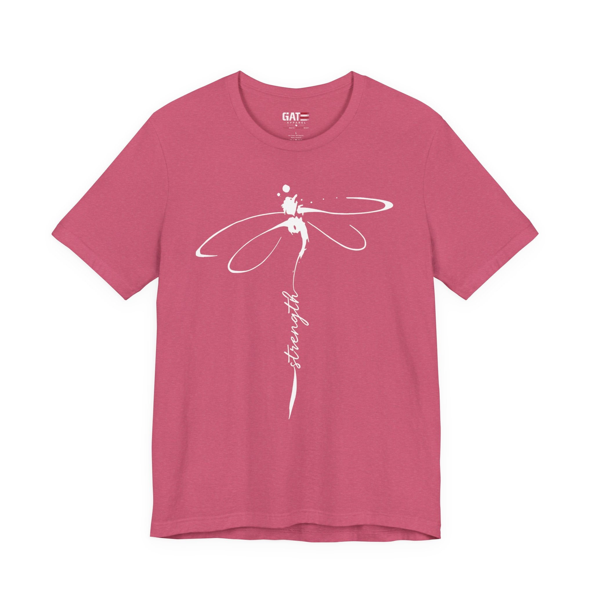 Dragonfly Graphic Tee — 'Strong' Script Floral Design