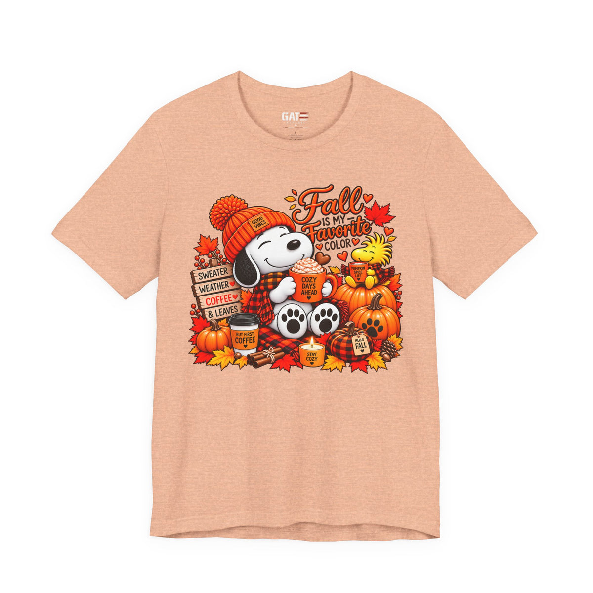 Snoopy Fall Is in the Air pumpkin graphic T-shirt, peach front view
