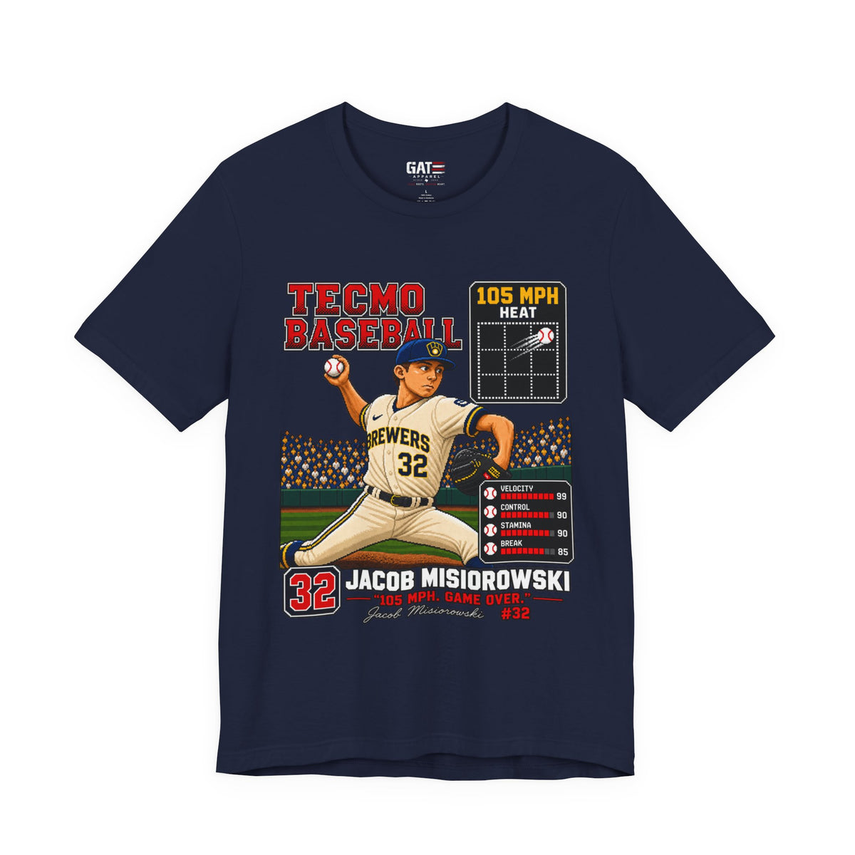 Milwaukee Brewers – Jacob Misiorowski – Tecmo Baseball Pitcher Graphic Tee — #32 Vintage Video Game Style