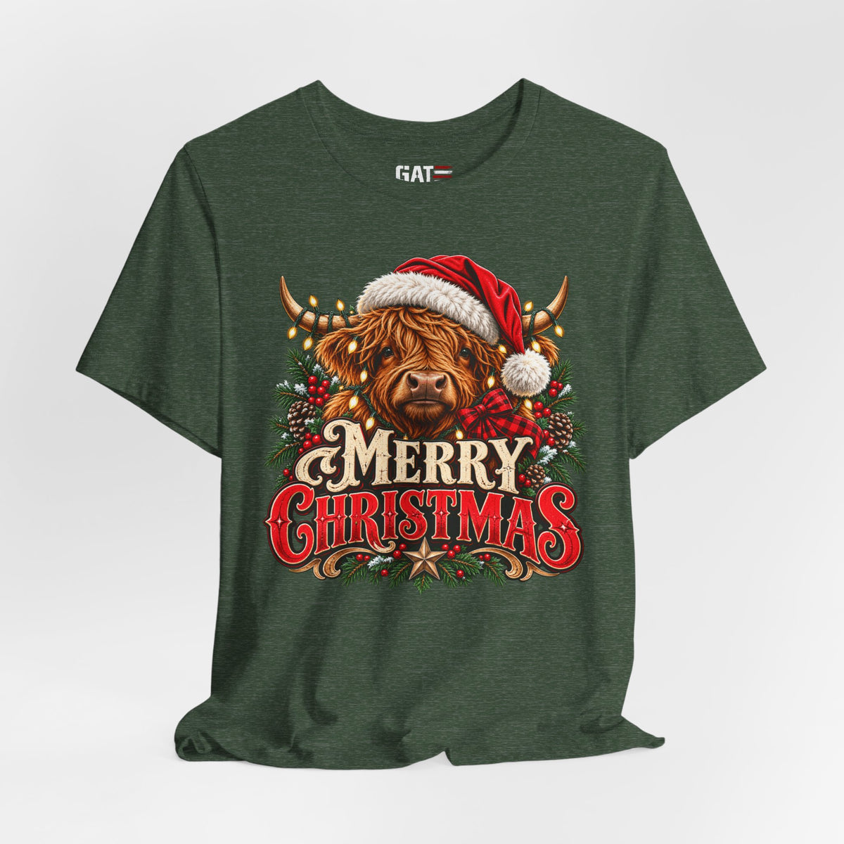 dark green Highland cow Santa hat Merry Christmas graphic T-shirt, styled front view