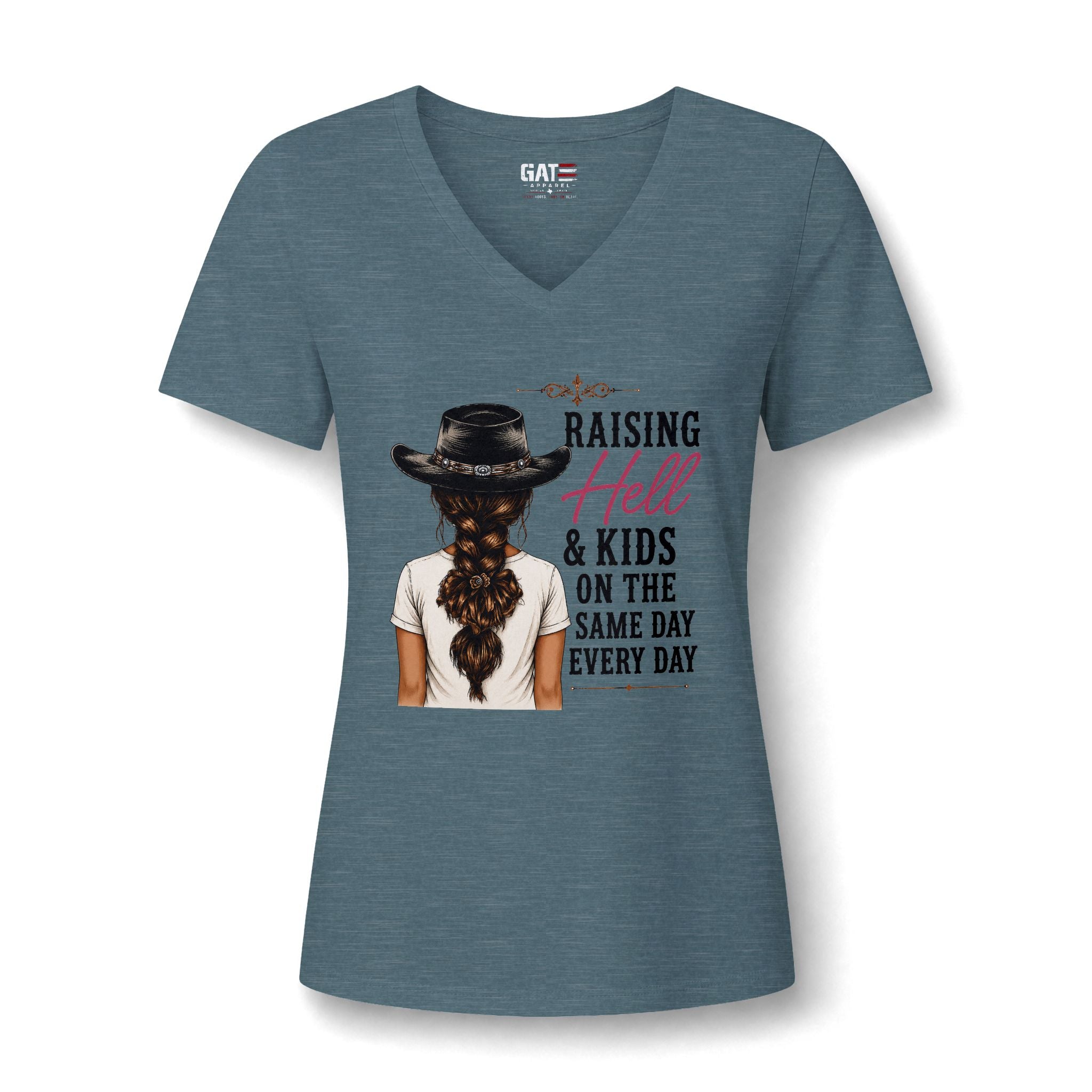 Women’s V-Neck Tee — “Raising Hell & Kids on the Same Day Every Day” Graphic