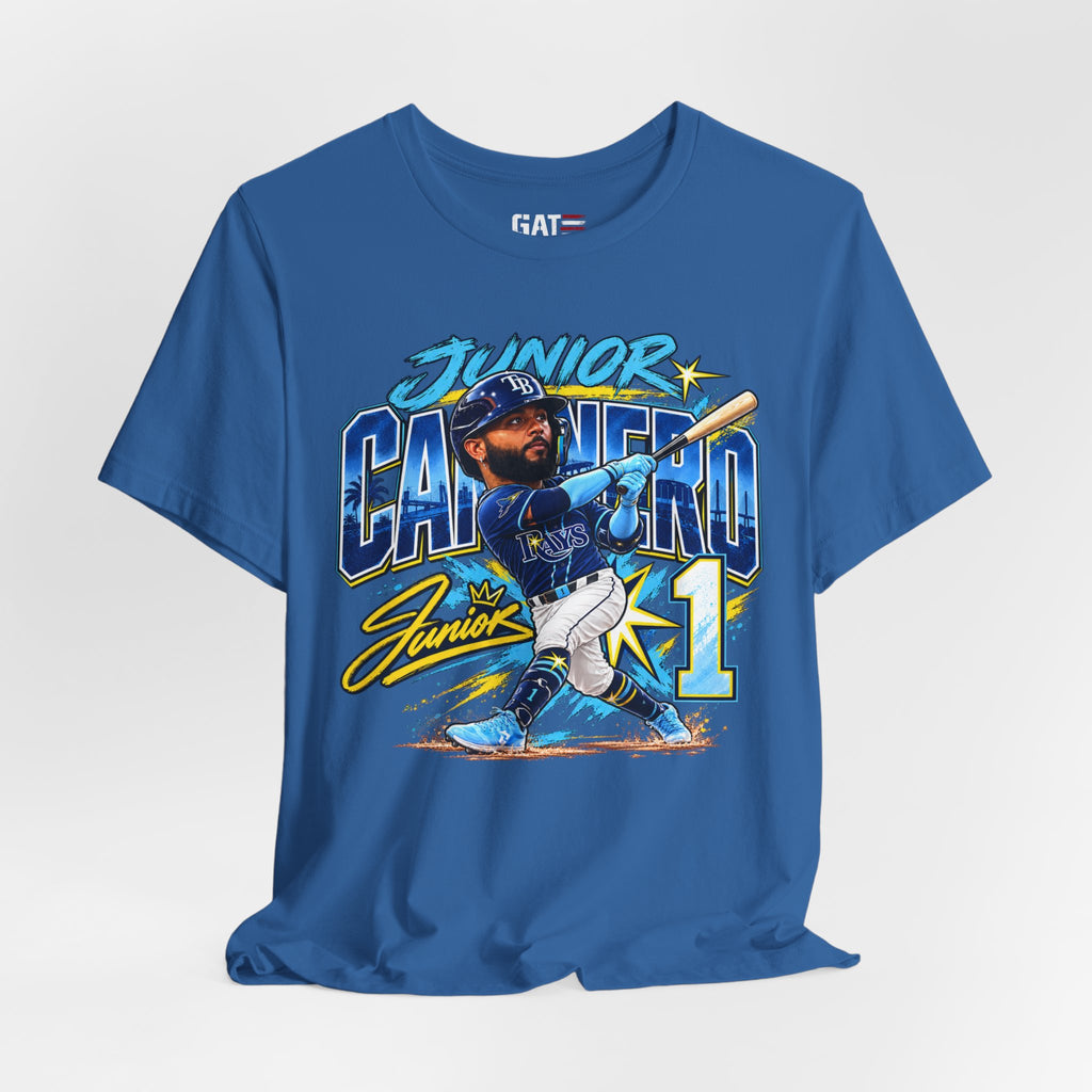 blue Junior Caminero Rays baseball graphic T-shirt, styled front view