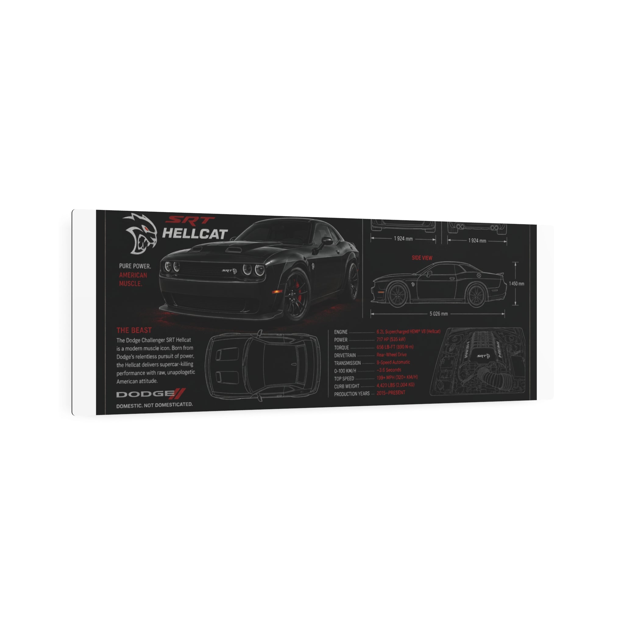 Dodge Challenger Hellcat Blueprint Metal Art Sign – Automotive Garage Poster