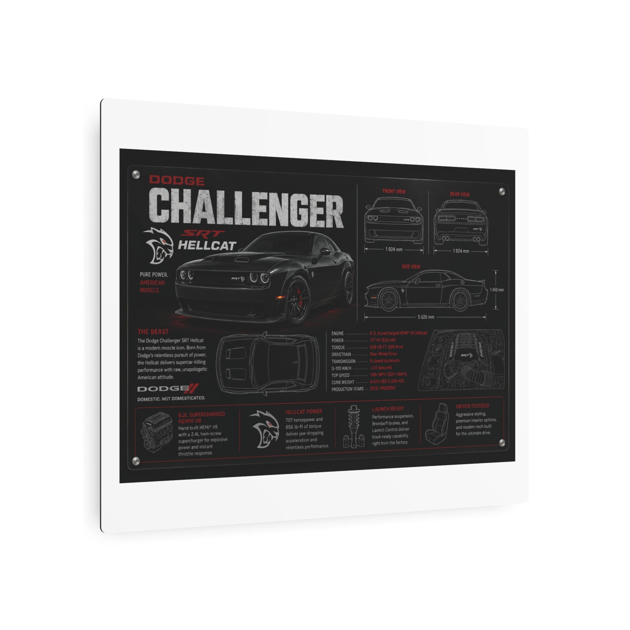 Dodge Challenger Hellcat Blueprint Metal Art Sign – Automotive Garage Poster