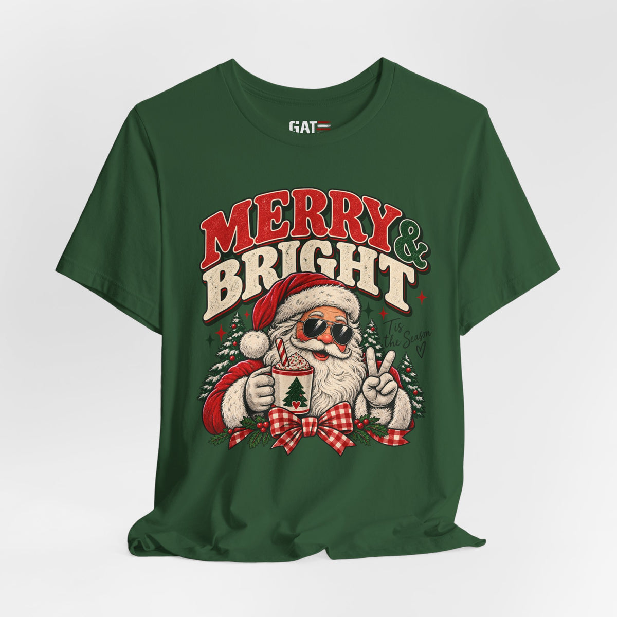 Merry & Bright Santa Tee – Retro Christmas Short Sleeve Shirt