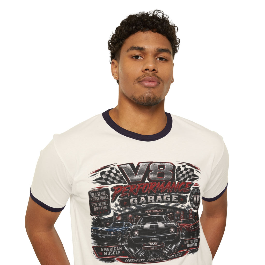 Vintage V8 Garage Ringer Tee – Classic Car Mechanic Shirt