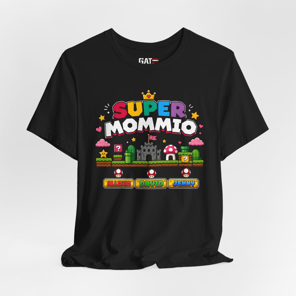 Personalized Super Mommio Shirt, Gamer Mom Shirt with Kids Names, Custom Mother's Day Gift, Retro Video Game Family Tee