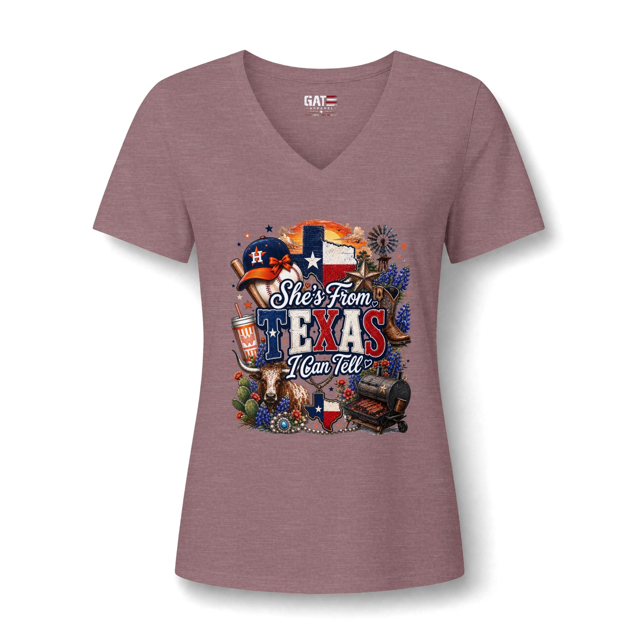 Texas Pride V-Neck Tee — "She's From Texas I Can Tell" Women's Relaxed Shirt