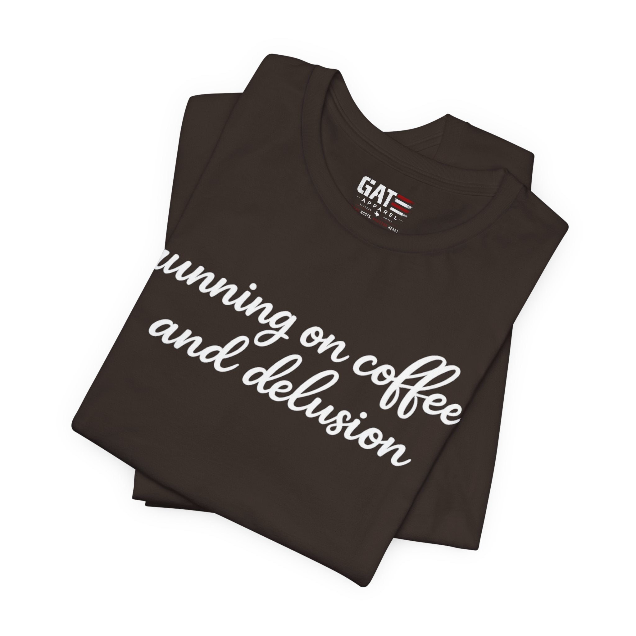 Running on Coffee and Delusion Shirt, Funny Coffee Lover Tee, Sarcastic Minimalist Shirt, Trendy Script Graphic Tee
