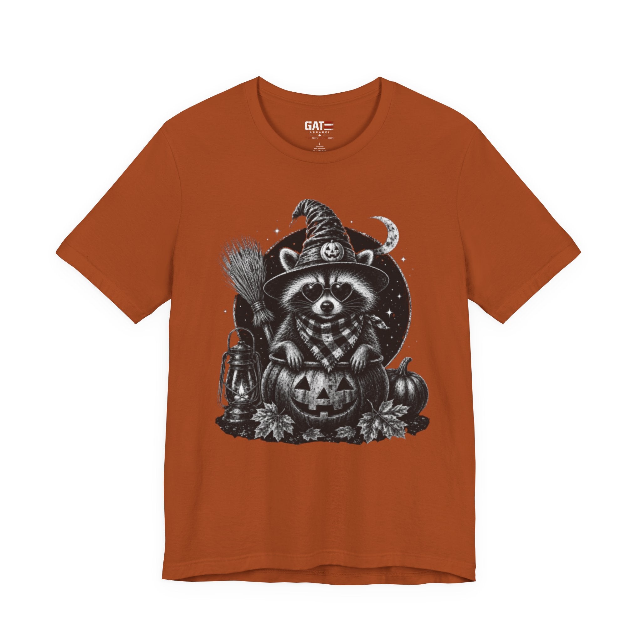 Halloween Raccoon Witch T‑Shirt — Cute Spooky Pumpkin Tee