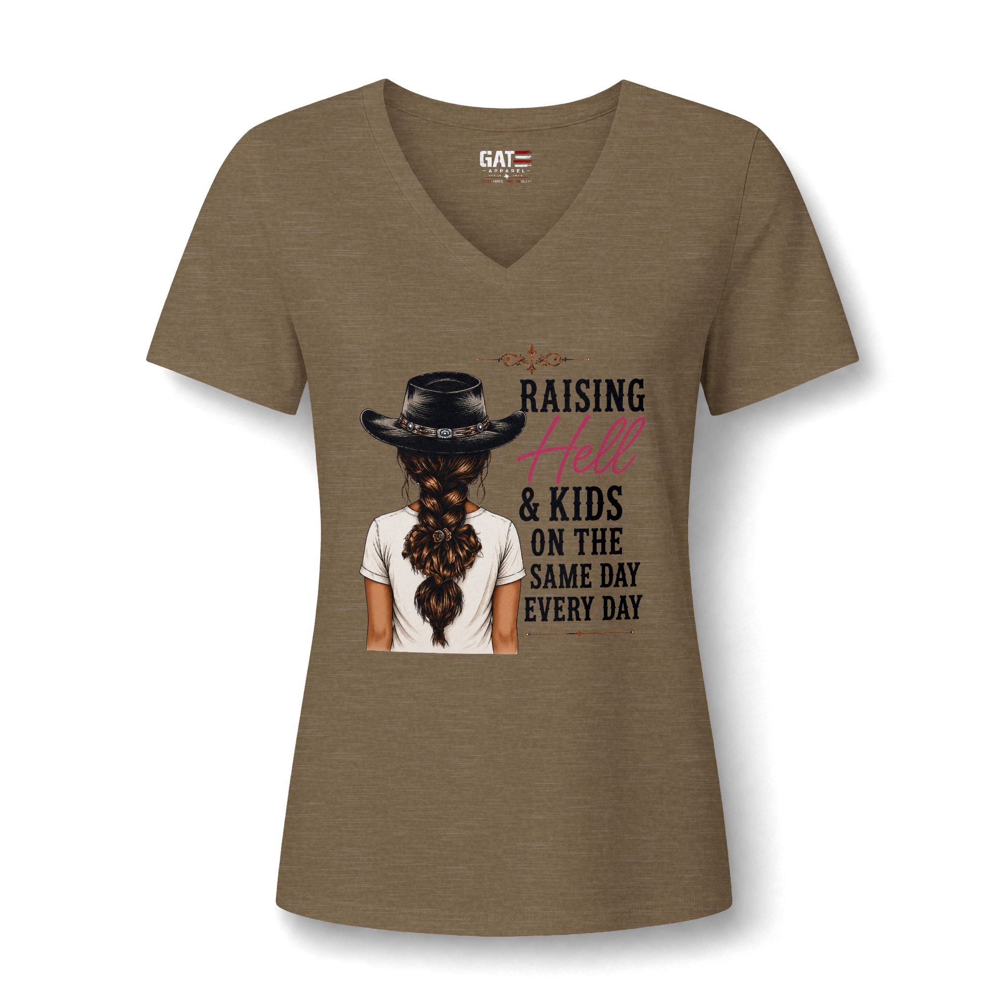 Women’s V-Neck Tee — “Raising Hell & Kids on the Same Day Every Day” Graphic