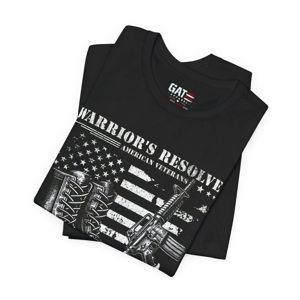 Warrior's Resolve Boots & Flag graphic Tee | Veteran USA Military Shirt