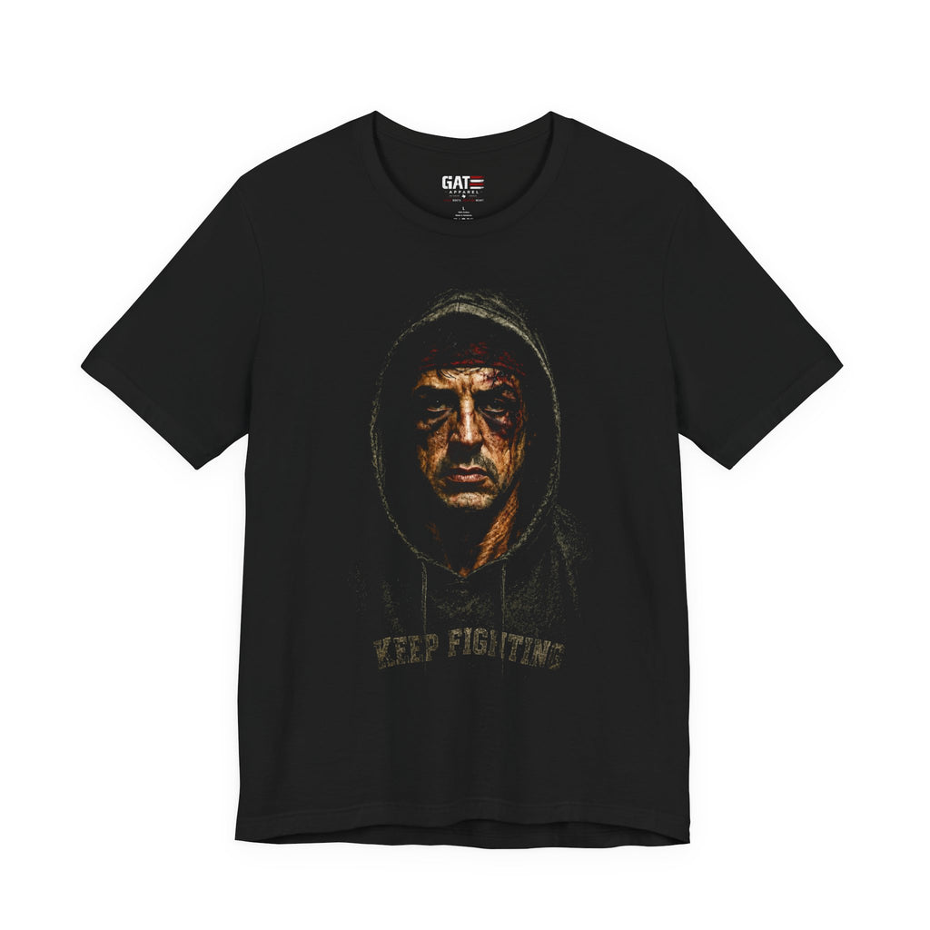 Rocky Balboa|Keep Fighting Hoodie Portrait T‑Shirt — Gritty Motivational Graphic Tee