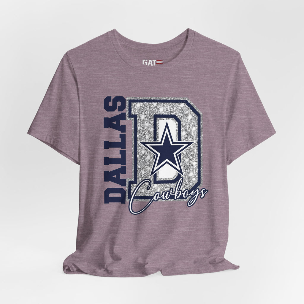 Dallas Football Glitter D Shirt, Blue and Silver Game Day Tee, Western Script Graphic Shirt, Sparkle Fan Apparel