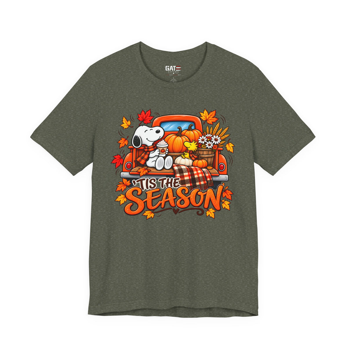 Snoopy pumpkin truck Tis the Season fall graphic T-shirt, olive green front view