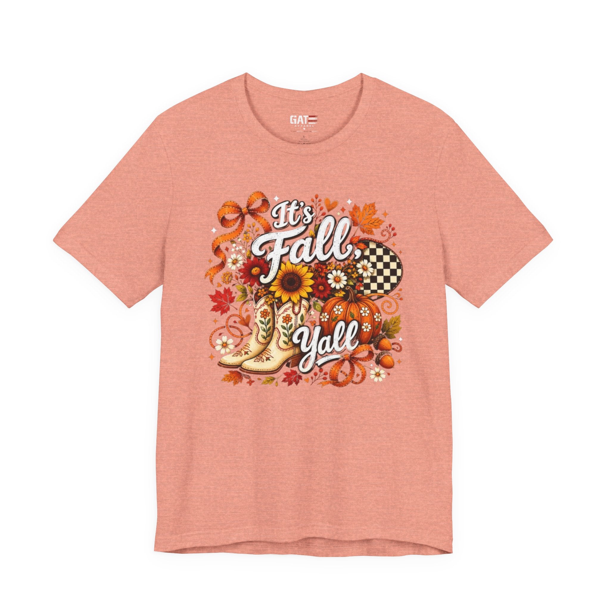 Fall Y'all Tee — Autumn Boots, Sunflowers & Plaid Graphic T-Shirt