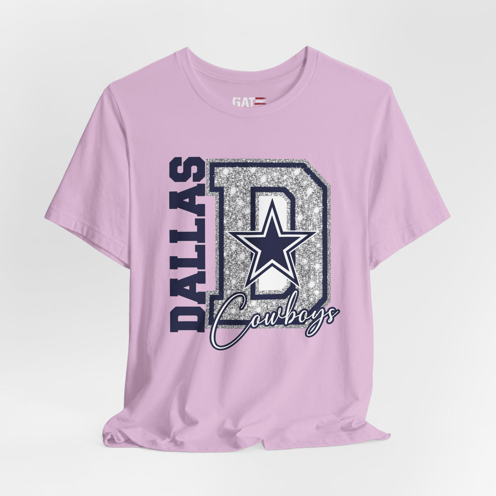 Dallas Football Glitter D Shirt, Blue and Silver Game Day Tee, Western Script Graphic Shirt, Sparkle Fan Apparel