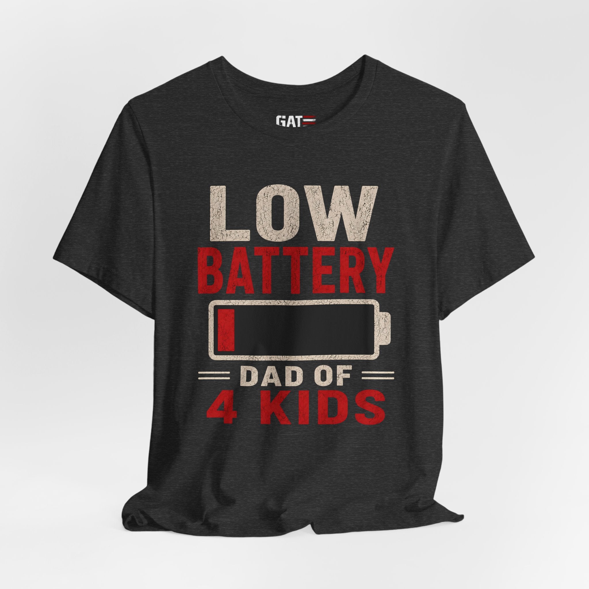 Low Battery Dad of 4 Kids Shirt, Funny Tired Dad Tee, Father of Four Gift, Parenting Humor Shirt, Exhausted Dad Graphic Tee