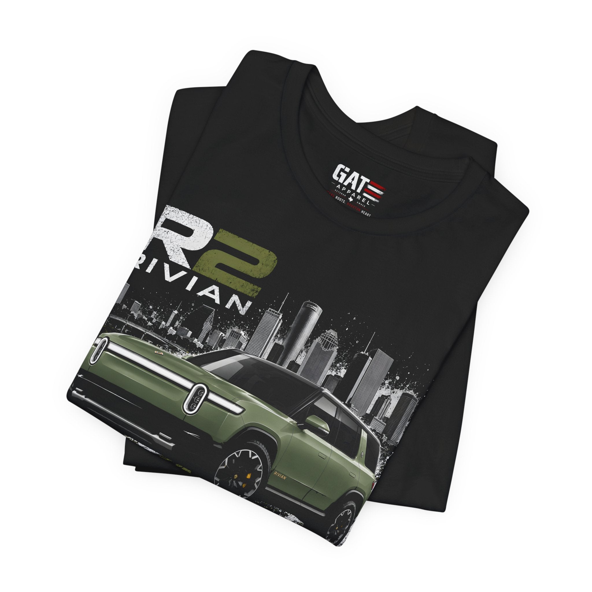 Rivian R2 Electric SUV Graphic Tee — Green R2 Cityscape T‑Shirt