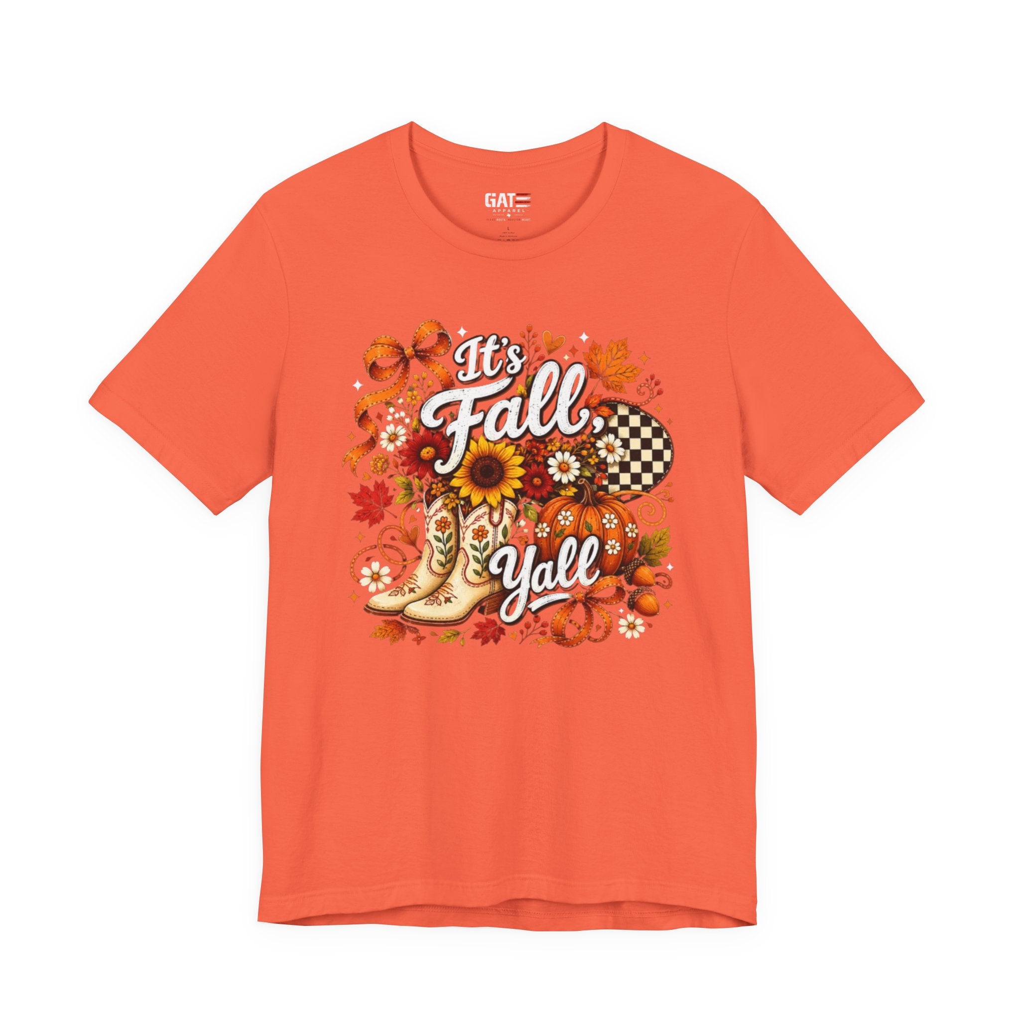 Fall Y'all Tee — Autumn Boots, Sunflowers & Plaid Graphic T-Shirt