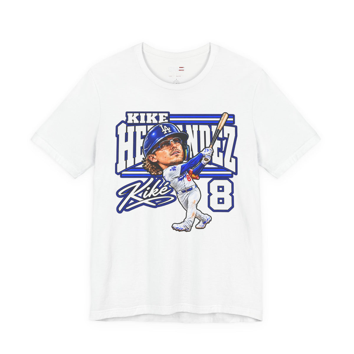 Kiké Hernández number 8 Dodgers baseball graphic T-shirt, white front view