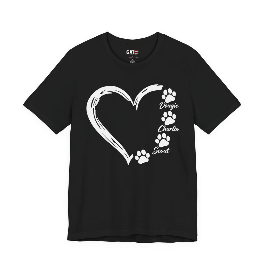 Pet Paw Heart T‑Shirt — Personalized Names (e.g., Dougie, Charlie, Scout)