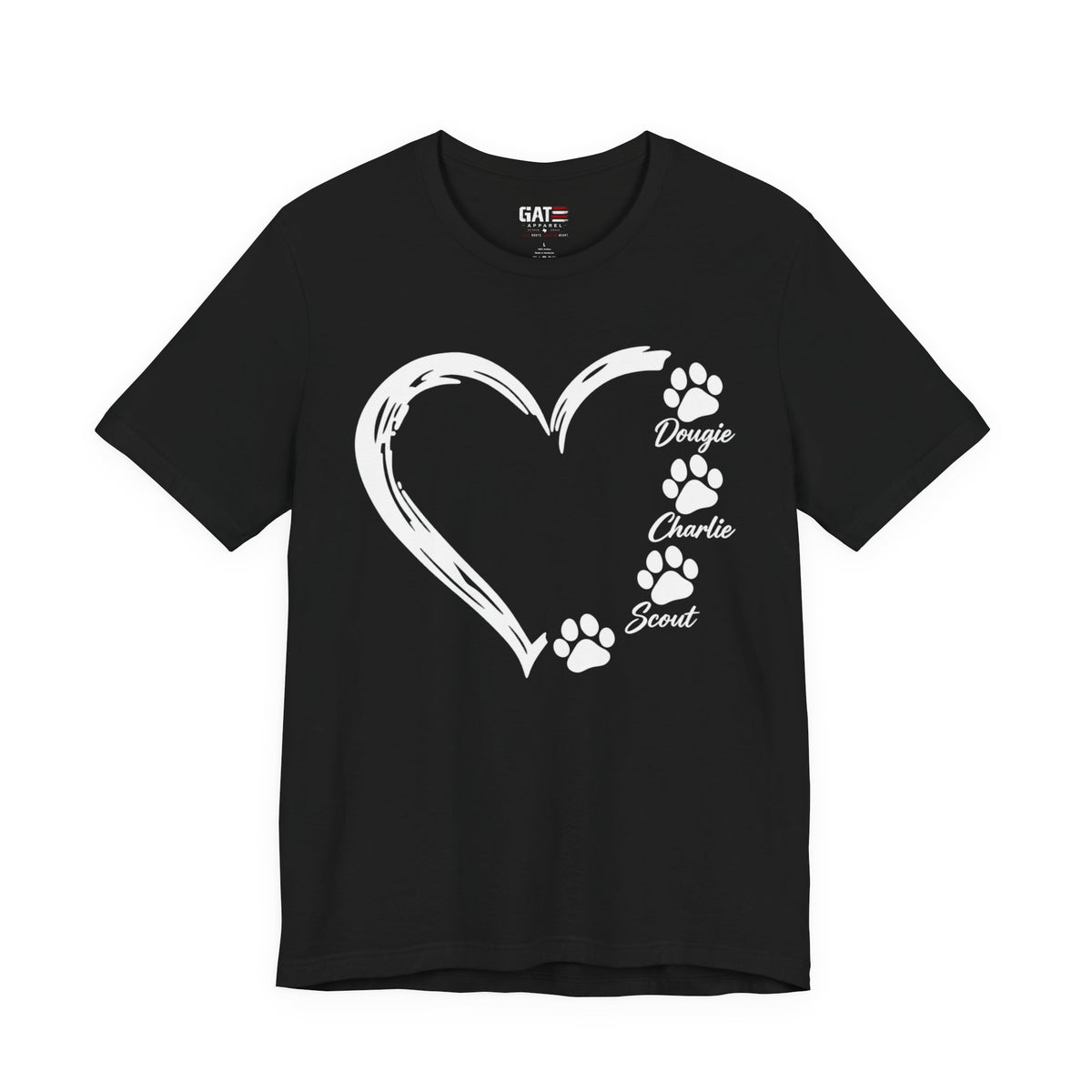 Pet Paw Heart T‑Shirt — Personalized Names (e.g., Dougie, Charlie, Scout)