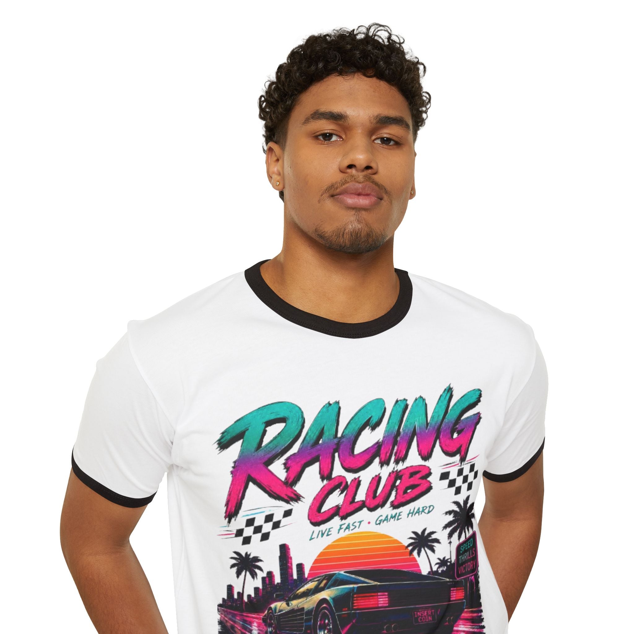 Racing Club Retro Ringer Tee — 1980s Sunset Sports Car Graphic