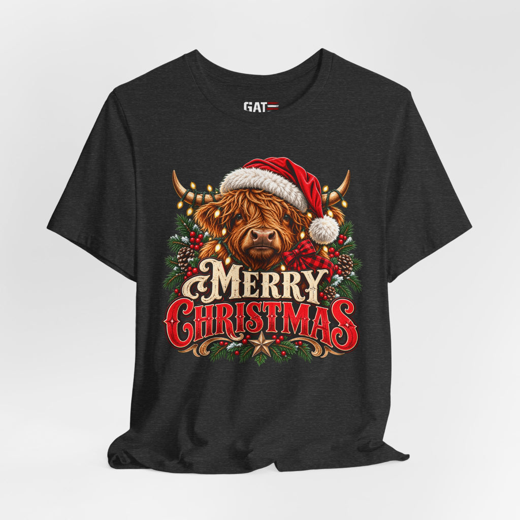 dark heather grey Highland cow Santa hat Merry Christmas graphic T-shirt, styled front view