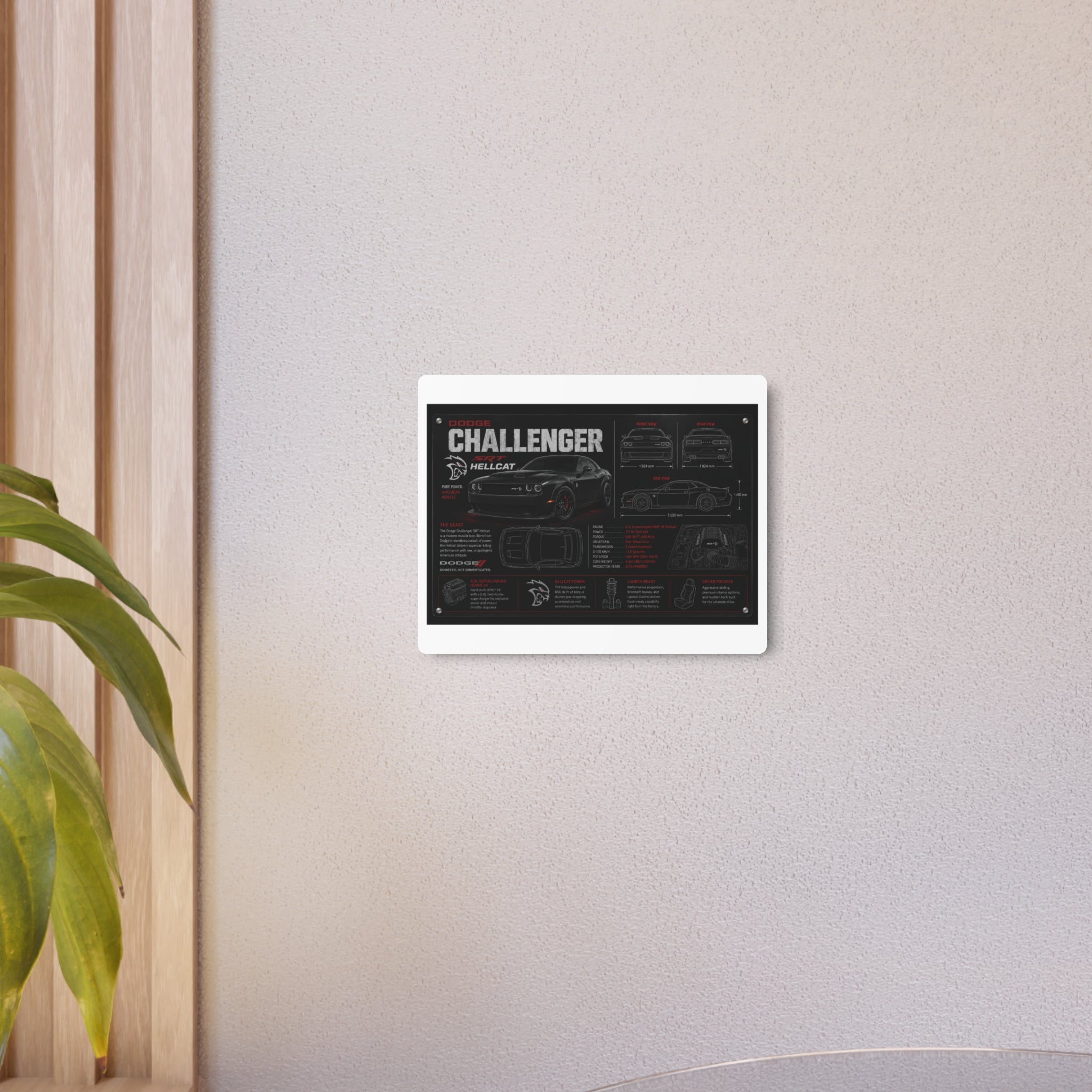 Dodge Challenger Hellcat Blueprint Metal Art Sign – Automotive Garage Poster