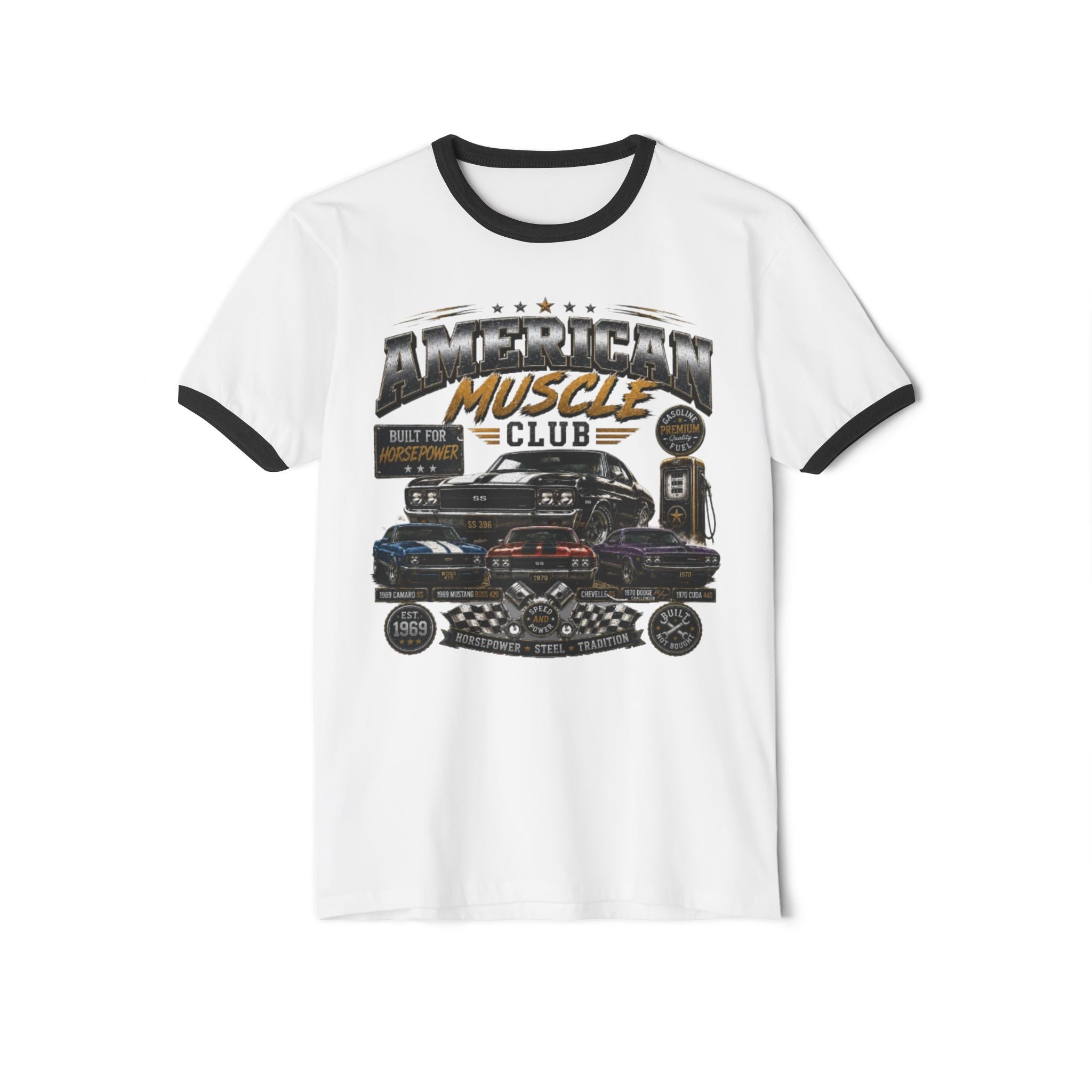 Muscle Car Ringer T-Shirt — "American Muscle Club" Vintage Auto Graphic