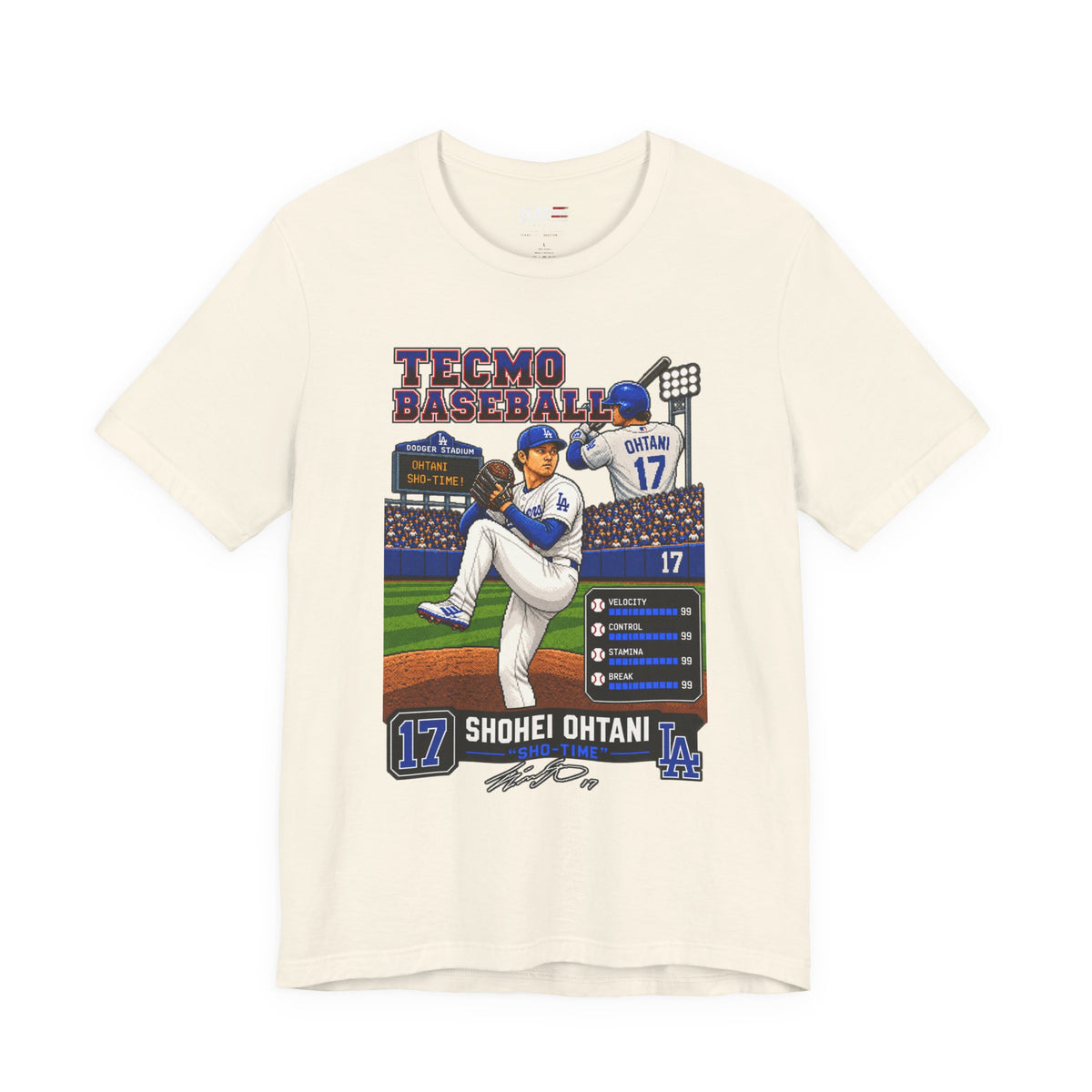 Los Angeles Dodgers – Shohei Ohtani – Retro Baseball Card Graphic Tee — 'Tecmo Baseball' Design