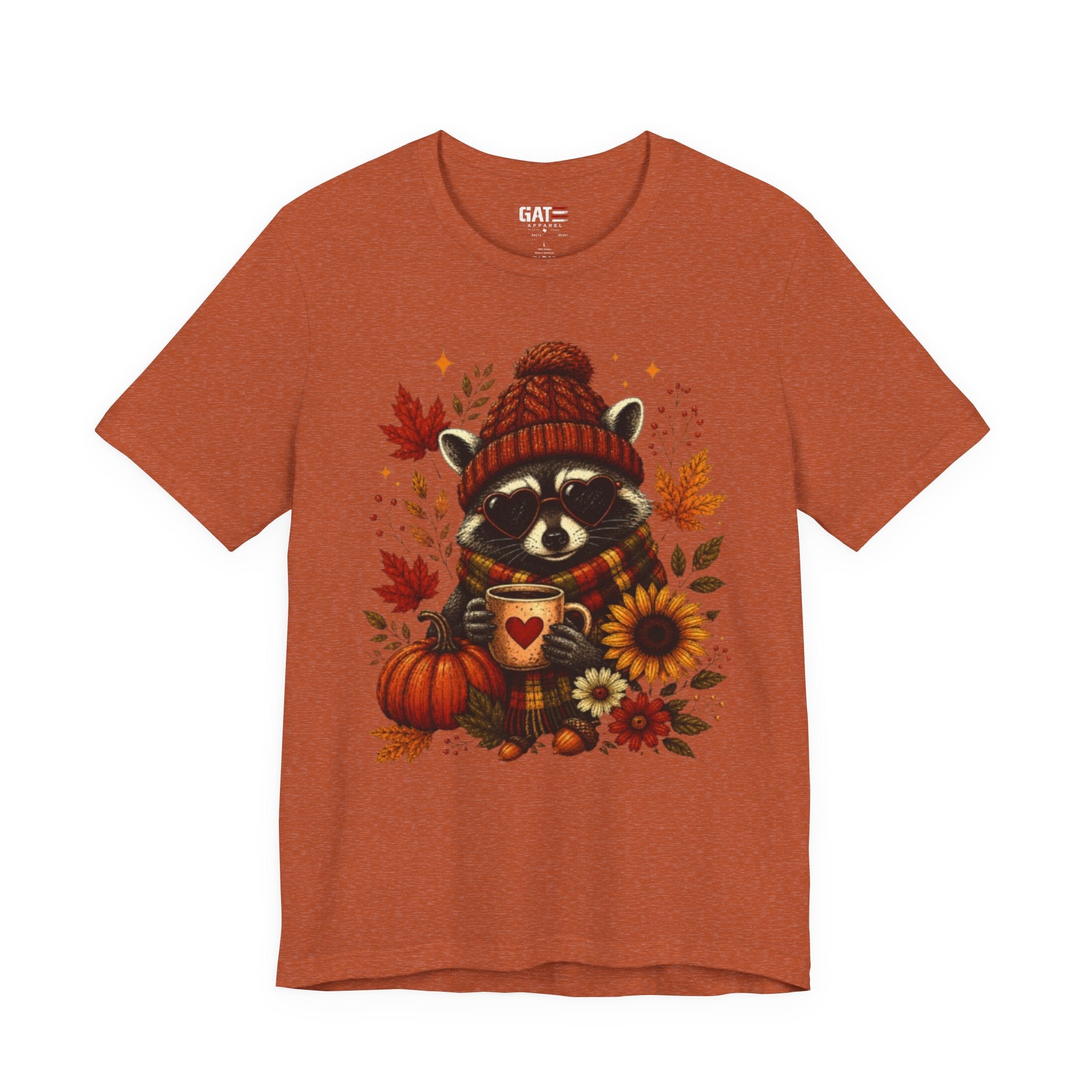 Autumn Cozy Raccoon Tee – Cute Fall Pumpkin & Hot Cocoa Shirt