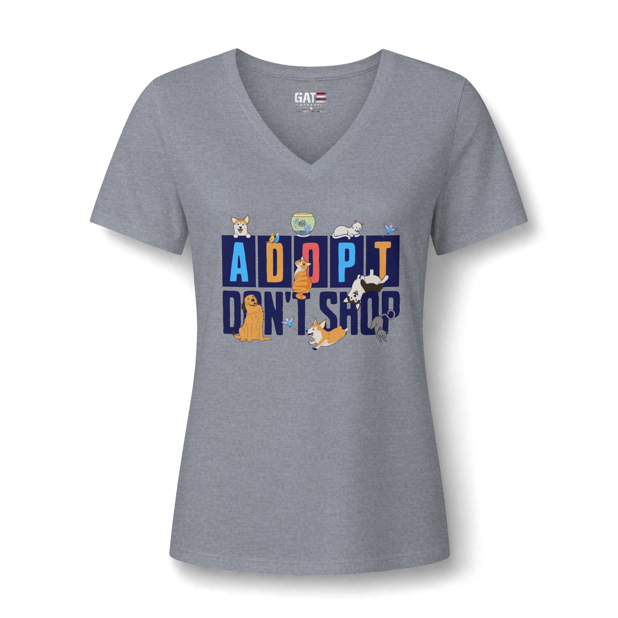 Adopt Don’t Shop V-Neck Tee — Women’s Rescue Pet Adoption Shirt
