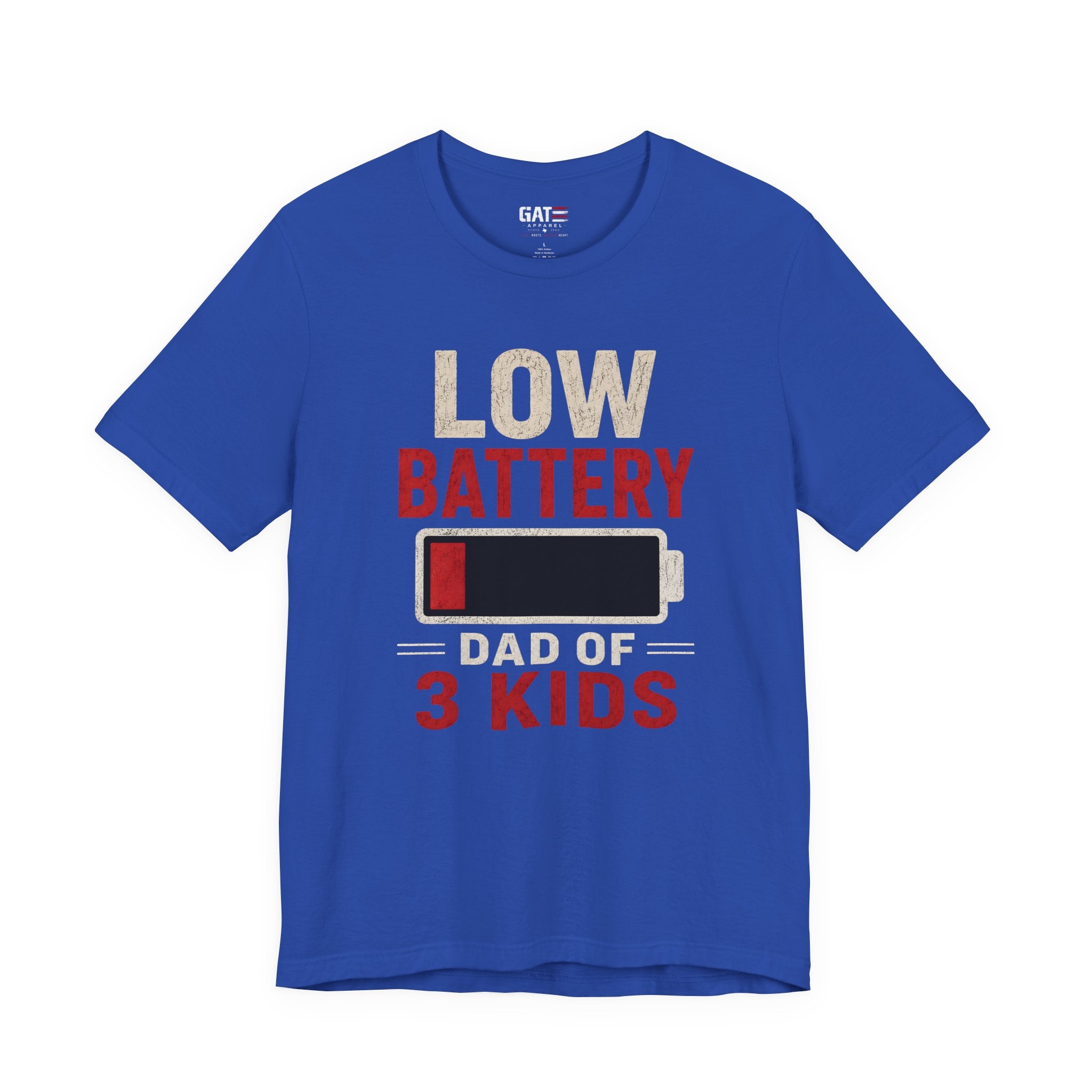 Low Battery Dad of 3 Kids Shirt, Funny Tired Dad Tee, Father of Four Gift, Parenting Humor Shirt, Exhausted Dad Graphic Tee