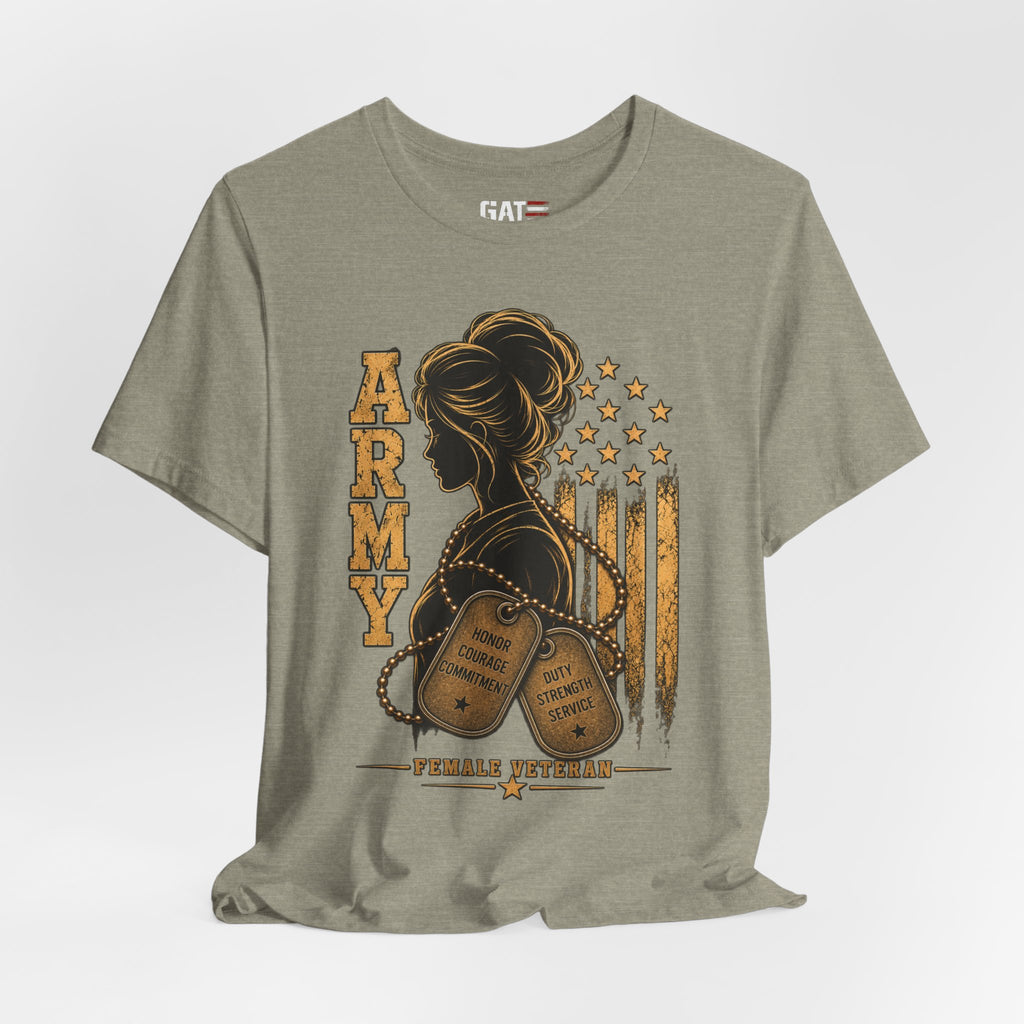 Female Army Vet Tee – Proud Military Mom Shirt with Dog Tags & American Flag