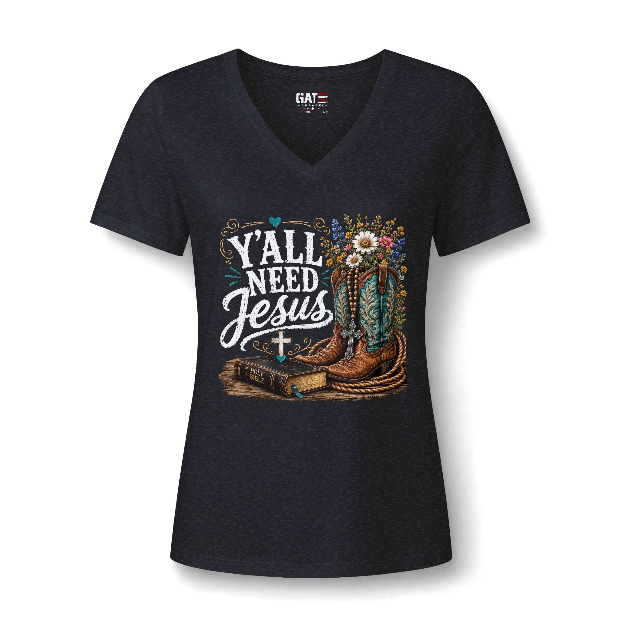 Y'all Need Jesus V-Neck Tee — Floral Cowboy Boots Christian Women's T‑Shirt