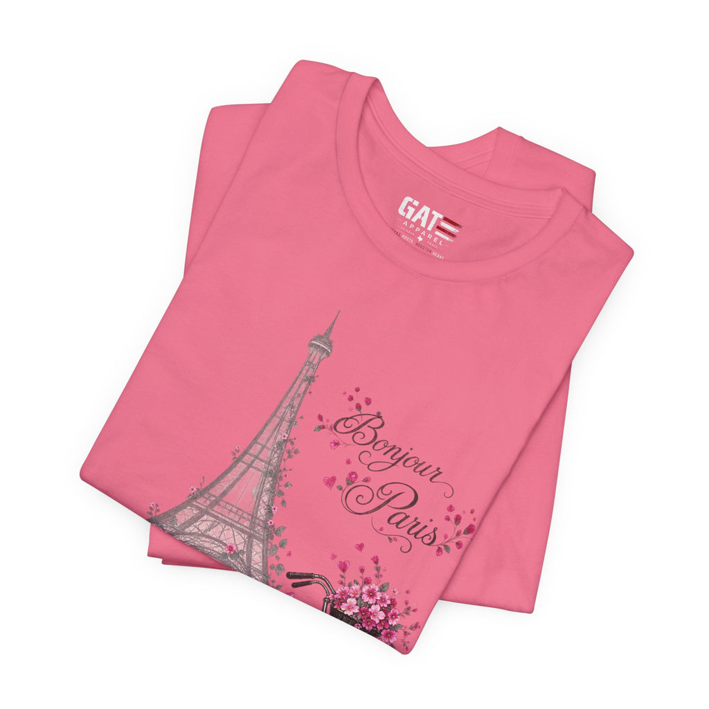 Bonjour Paris Eiffel Tower Bicycle Floral Graphic T-Shirt - alternate product image