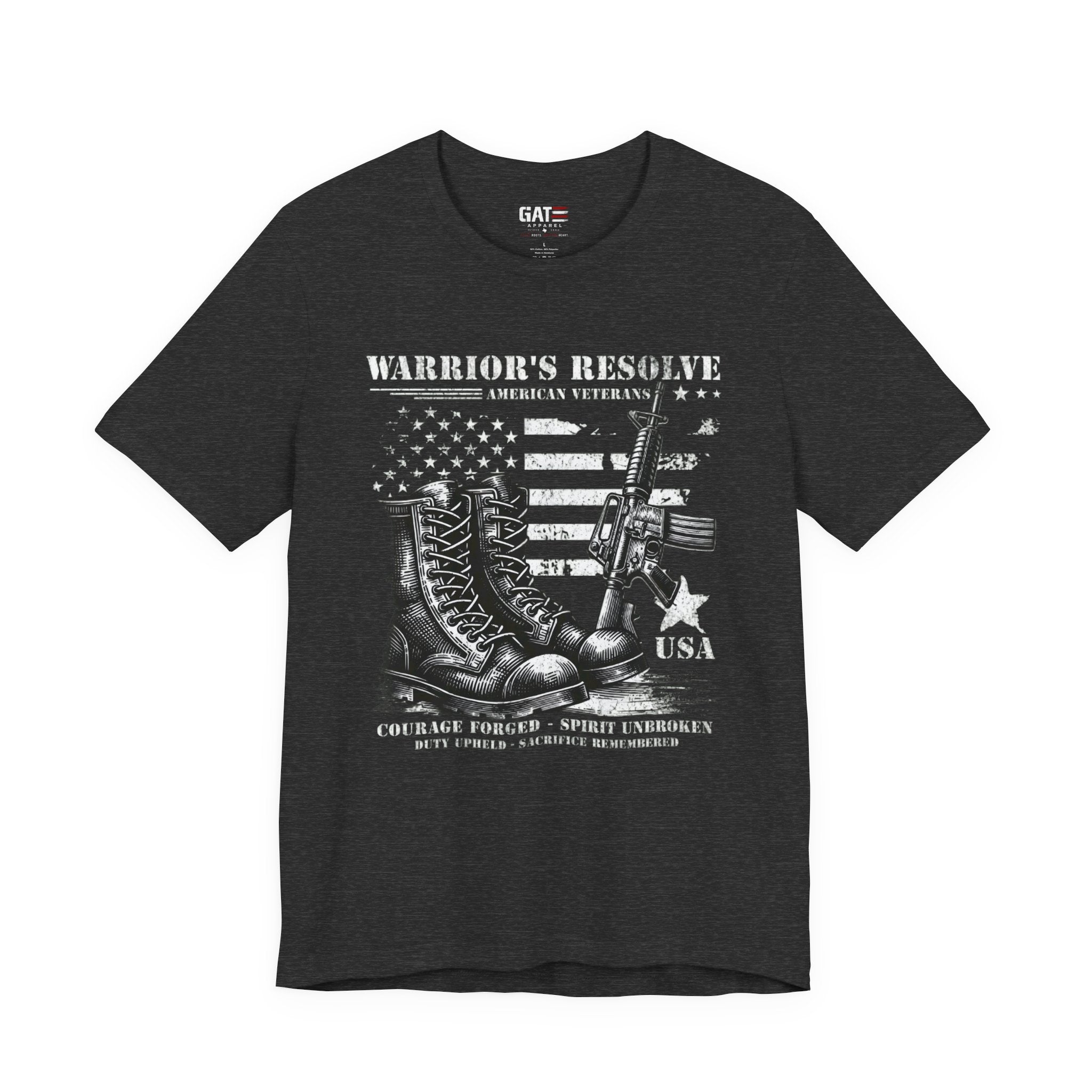 Warrior's Resolve Boots & Flag graphic Tee | Veteran USA Military Shirt