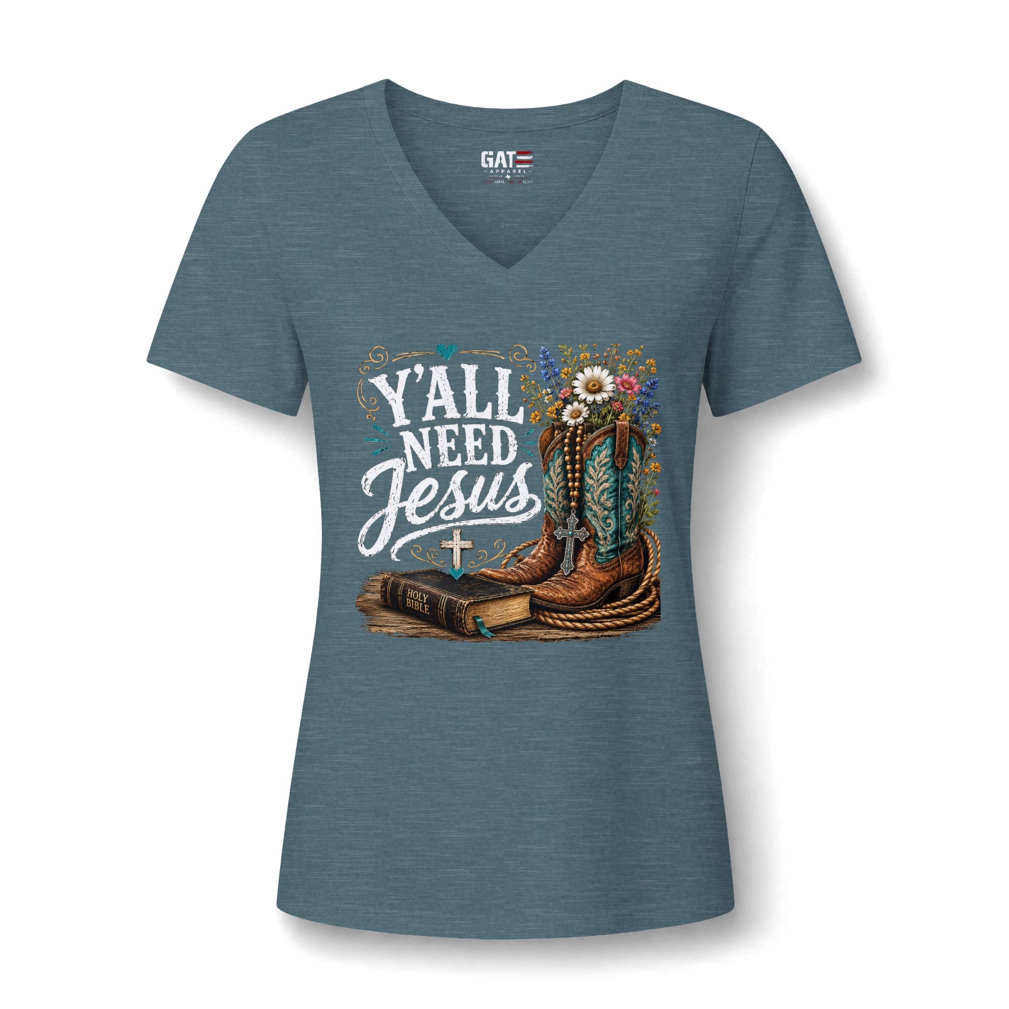 Y'all Need Jesus V-Neck Tee - Western Boots & Bible Christian Shirt