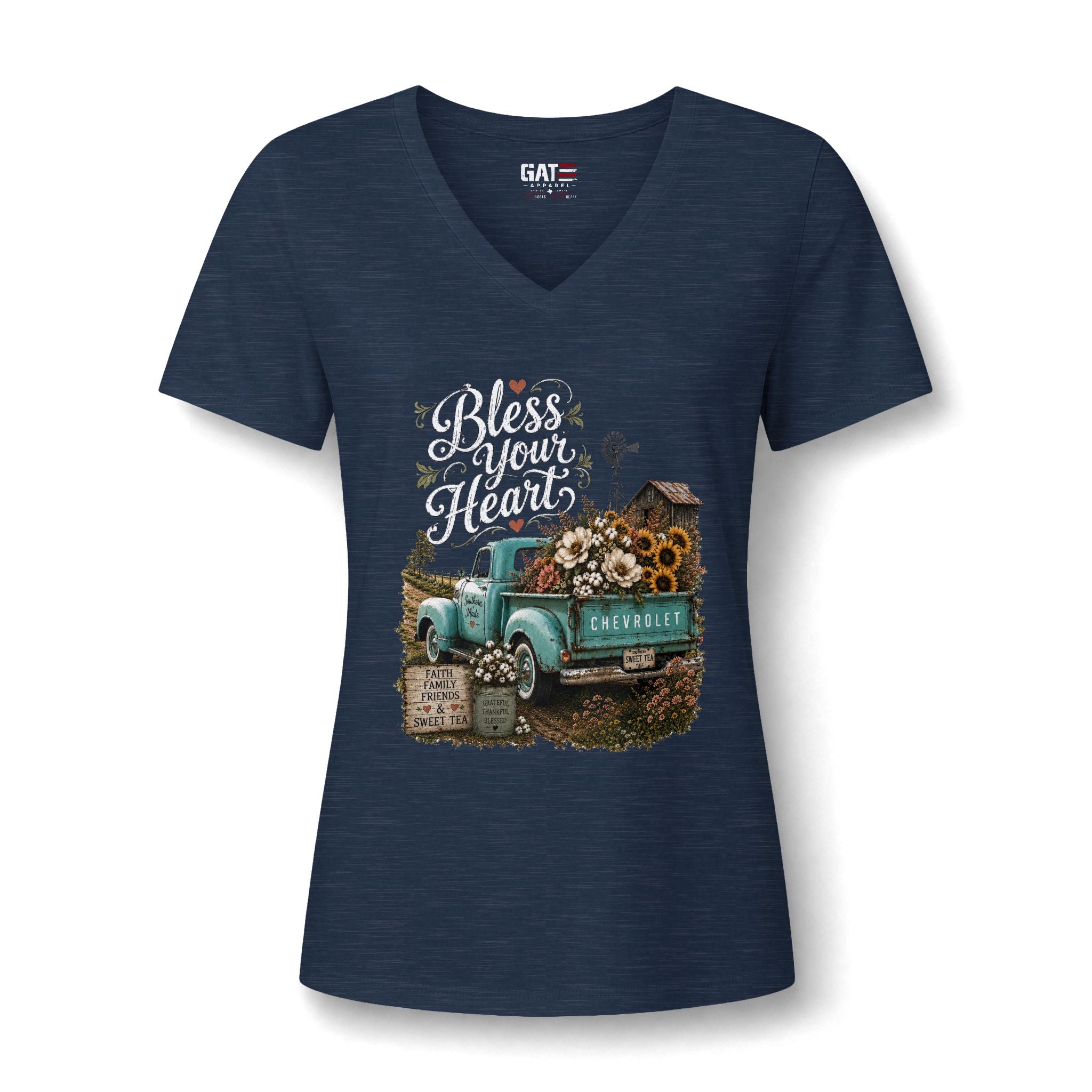 Vintage Blue Truck Sunflower V-Neck Tee — Farmhouse Floral Women's Shirt