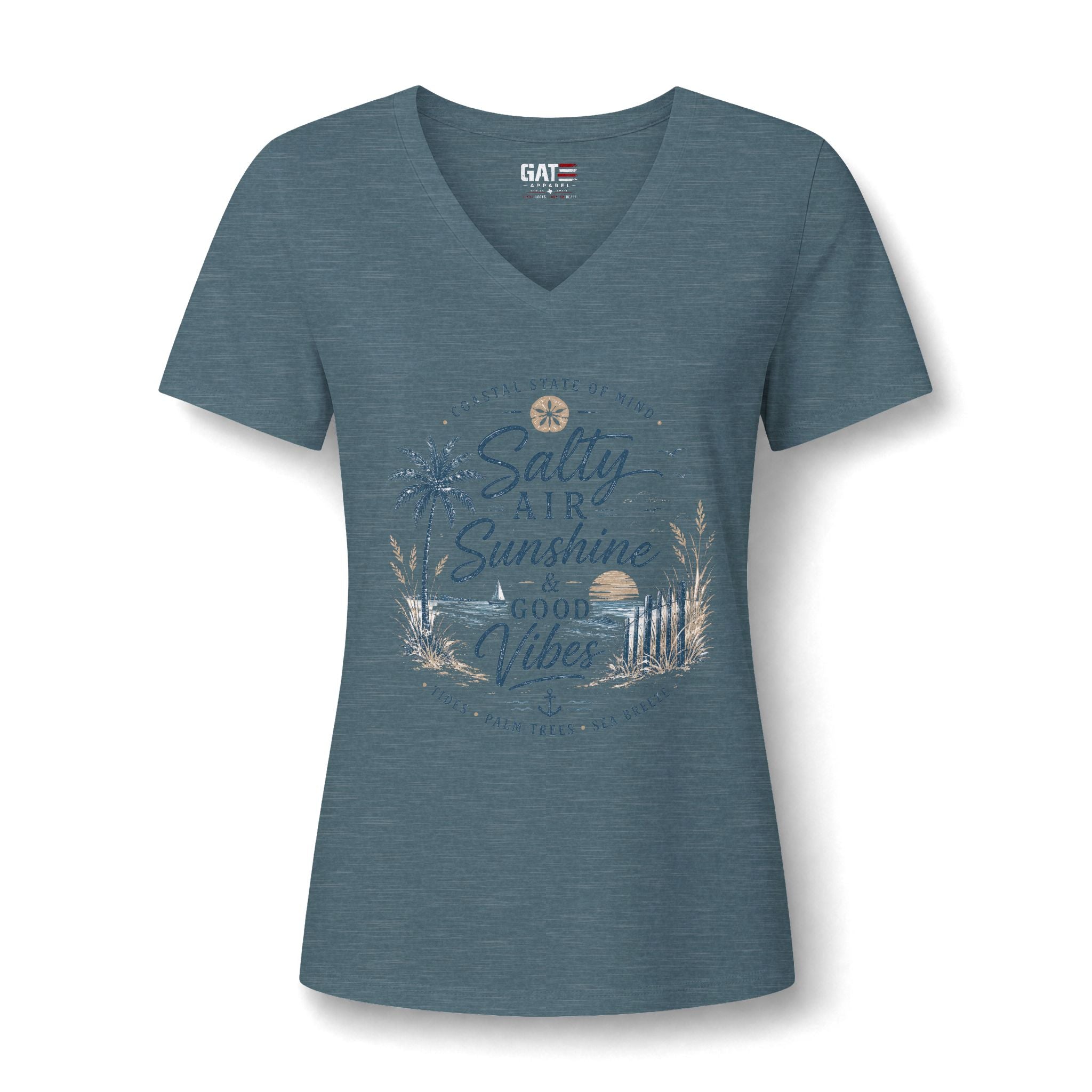 Women's V-Neck Tee — "Salty Air, Sunshine & Good Vibes" Beach Graphic