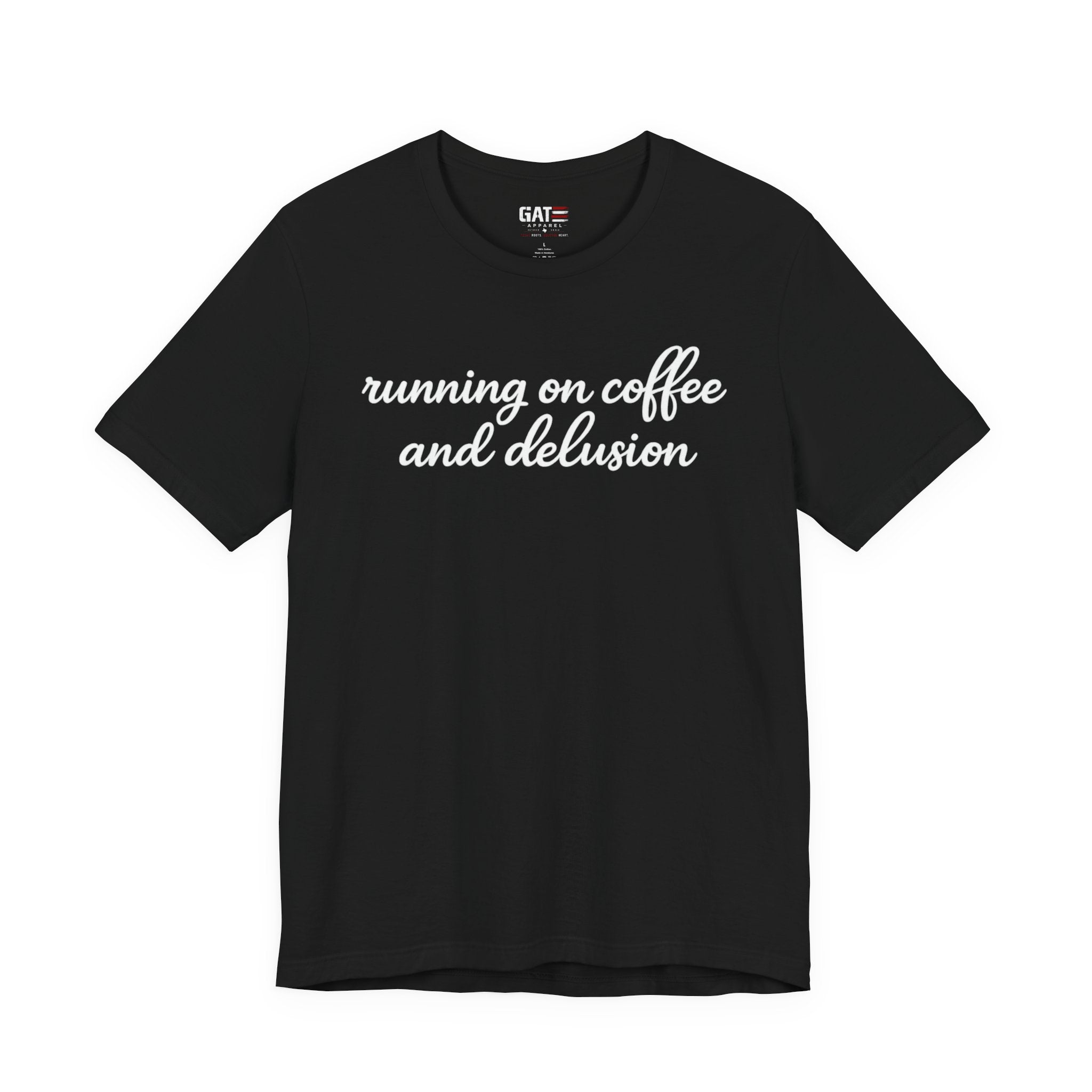 Running on Coffee and Delusion Shirt, Funny Coffee Lover Tee, Sarcastic Minimalist Shirt, Trendy Script Graphic Tee