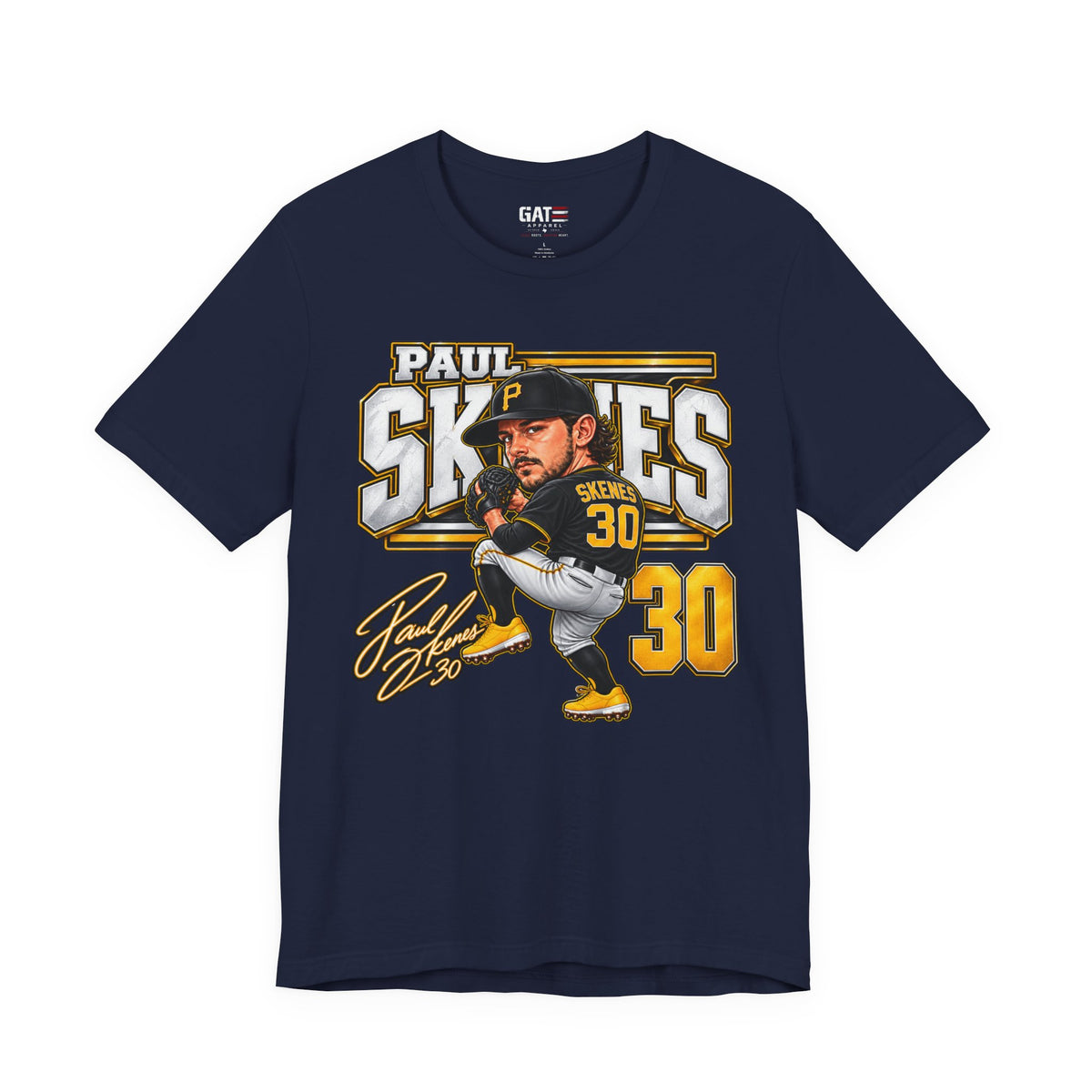 Paul Skenes number 30 Pirates baseball graphic T-shirt, navy front view