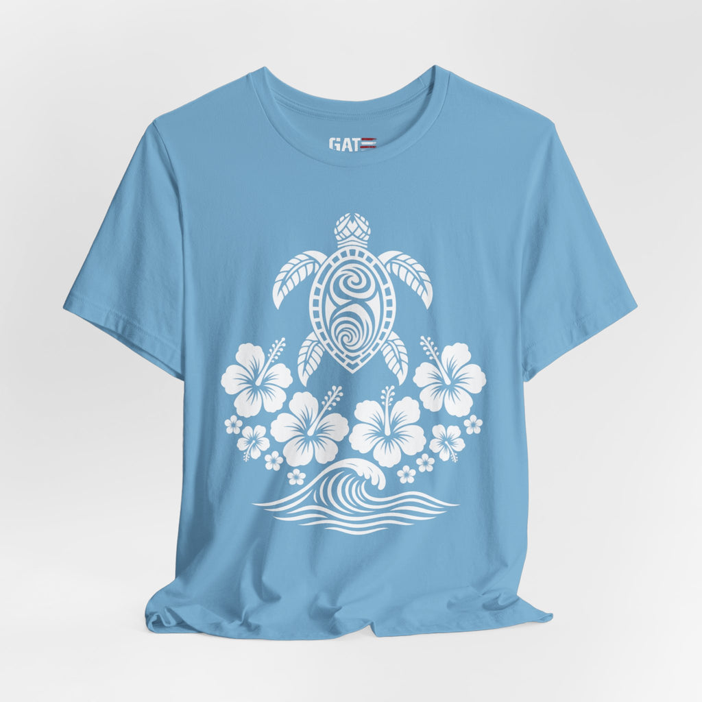 Turtle Hibiscus Surf T‑Shirt — Hawaiian Floral Tribal Sea Turtle Tee
