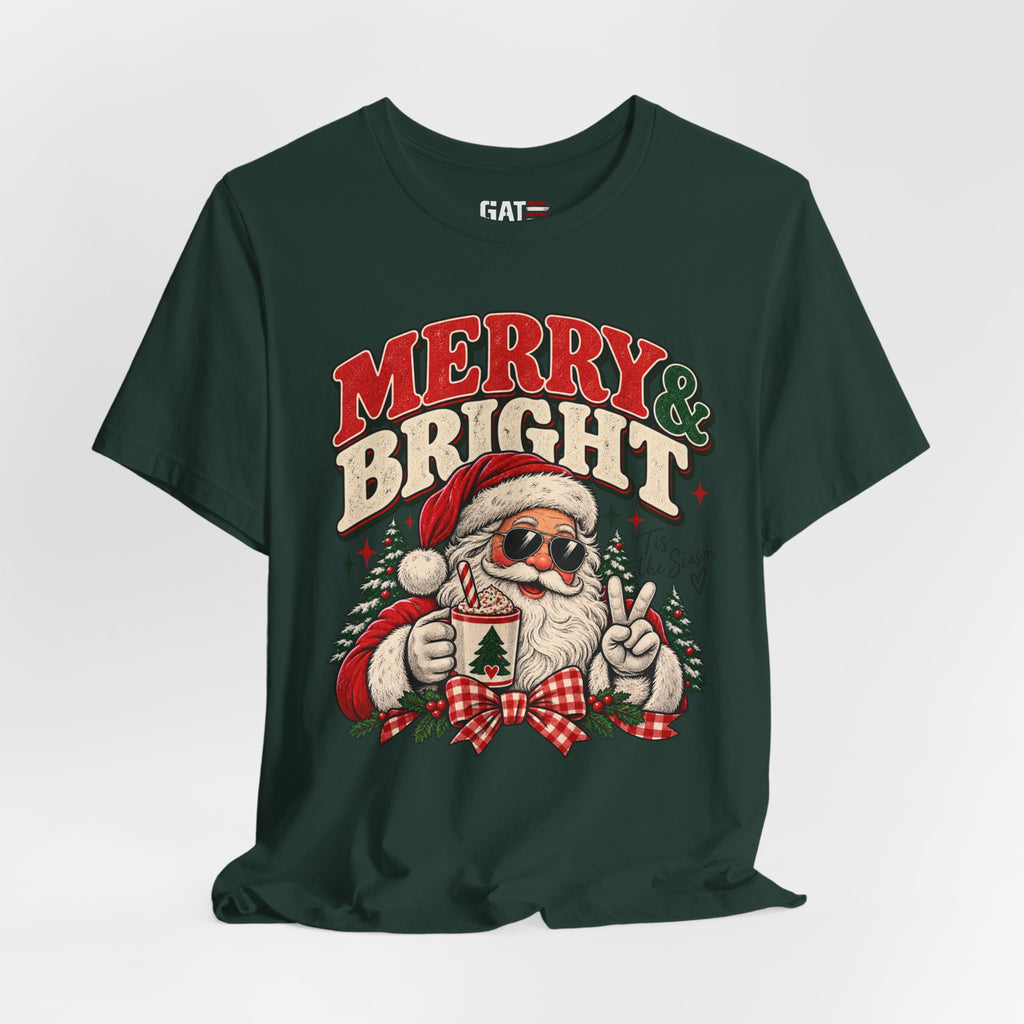 Merry & Bright Santa Tee – Retro Christmas Short Sleeve Shirt