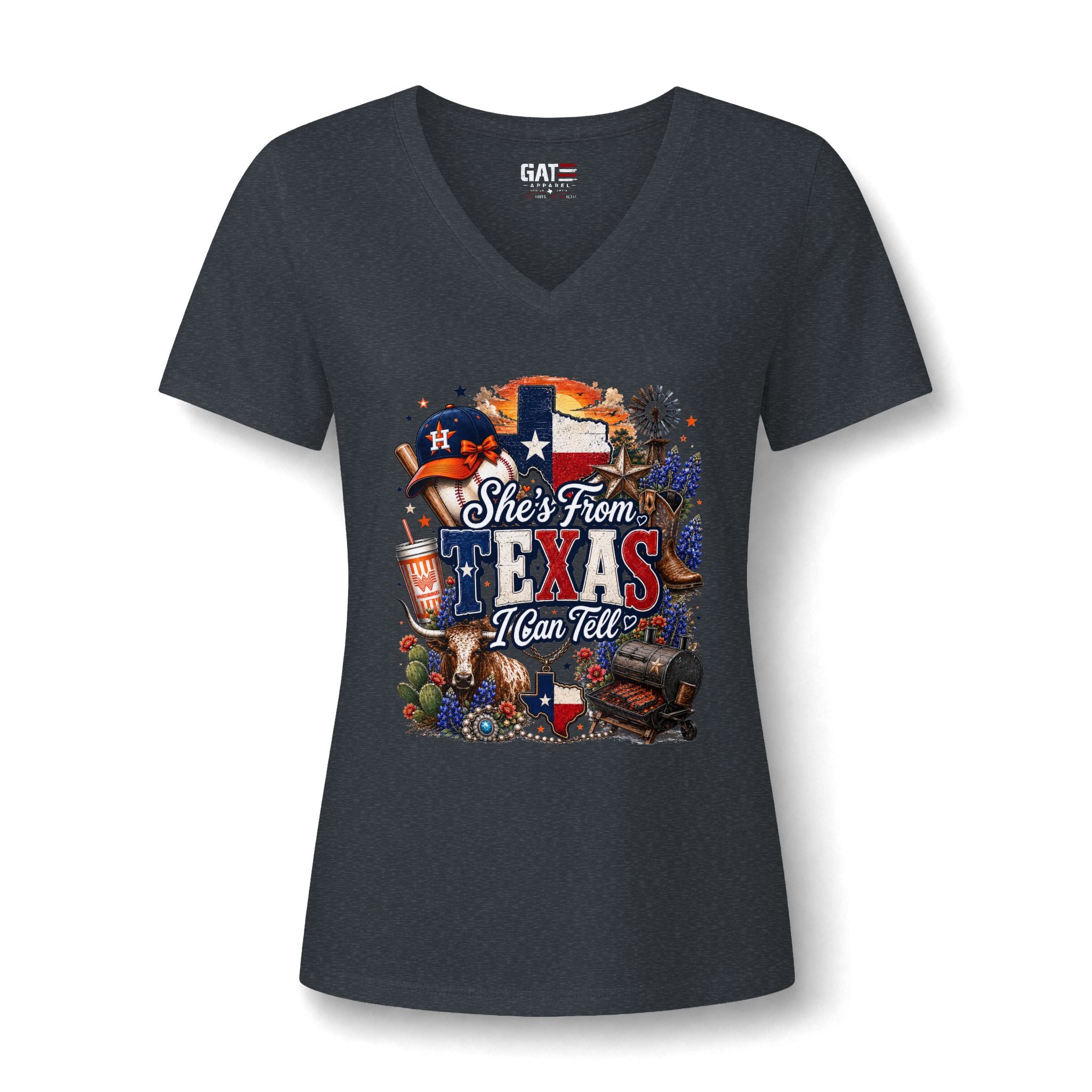 Texas Pride V-Neck Tee — "She's From Texas I Can Tell" Women's Relaxed Shirt