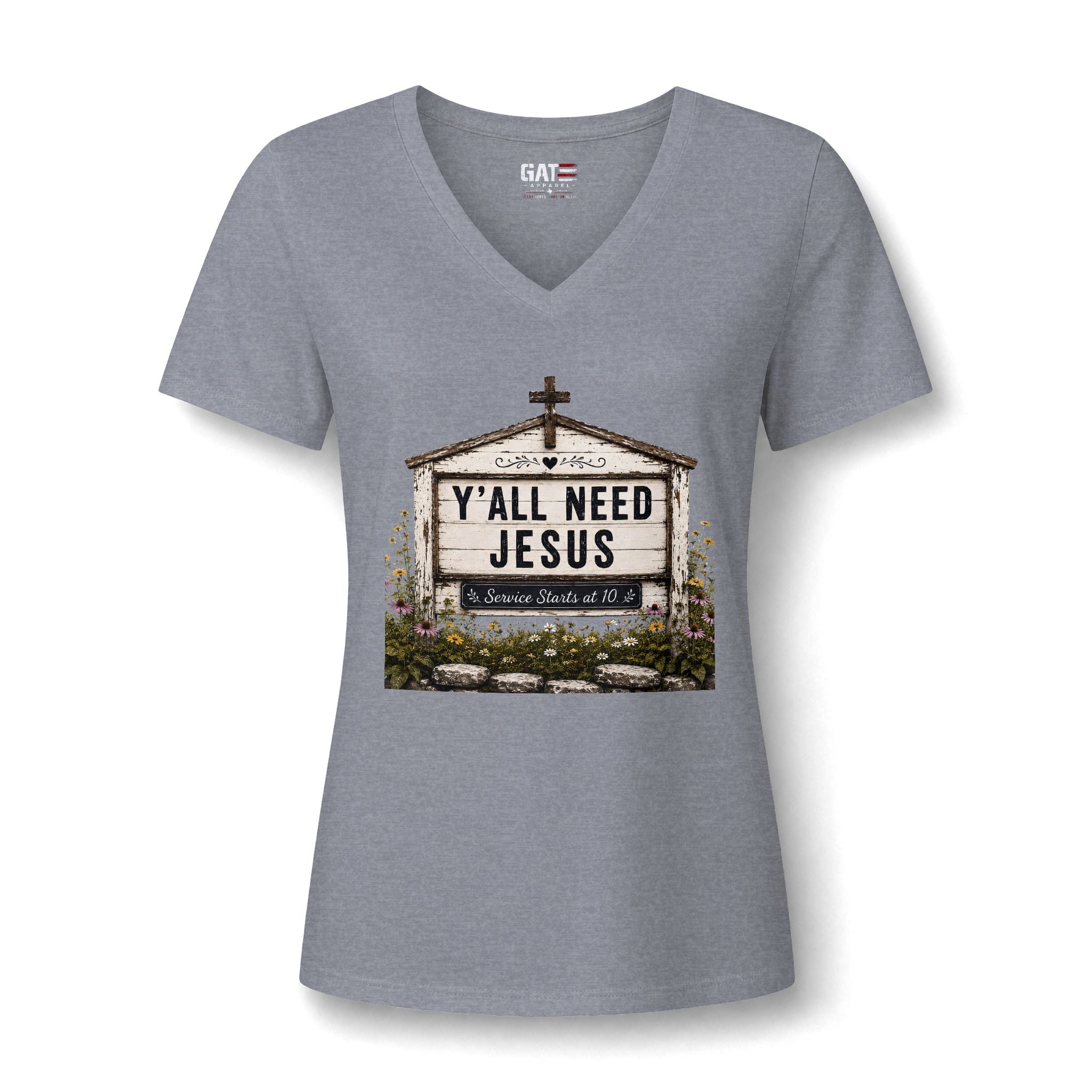 Women's V-Neck Tee - 'Y'all Need Jesus' Church Marquee Faith Shirt