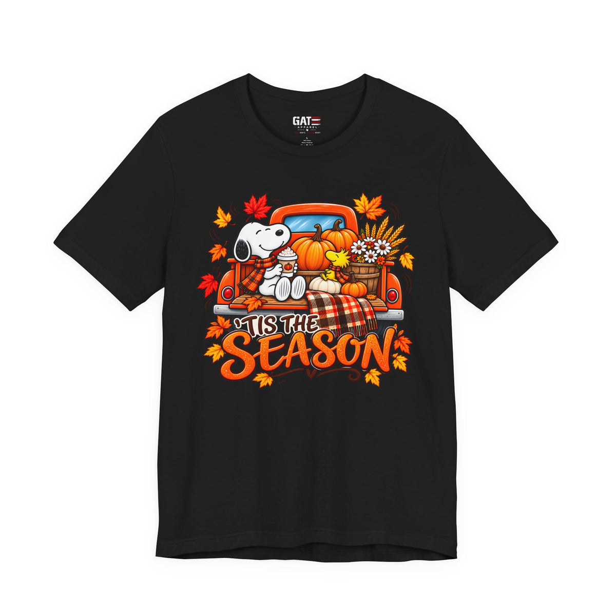 Snoopy pumpkin truck Tis the Season fall graphic T-shirt, black front view