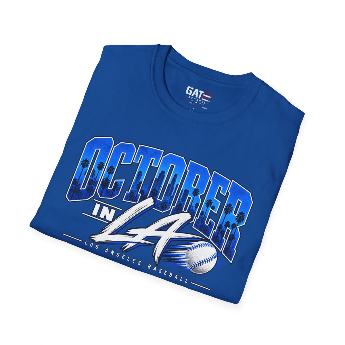 Folded royal blue October in LA baseball graphic T-shirt, print close-up